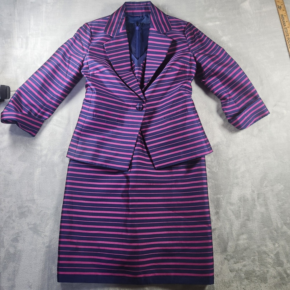 Talbots Navy Pink Silk stripe Shift dress Sleeveless V Neck Silk with Blazer 4P
